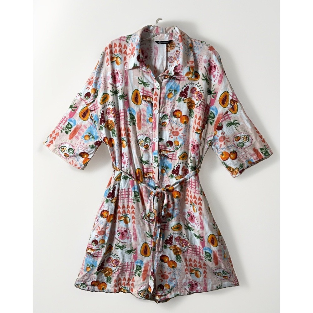 PrettyGarden‎ Romper Womens Large Tropical Fruit Print Button Front Short Sleeve